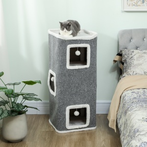 Turn pentru Pisici cu 4 Niveluri, 3 Căsuțe, 3 Bile de Jucărie și Loc de Relaxare, Copac pentru Pisici din Plăci Aglomerate, Țesătură și Pluș, 41x41x100 cm, Gri și Alb - Img 2