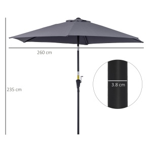 Umbrela de Gradina cu Manivela, din Aluminiu si Poliester Gri si Negru, Φ2,6x2,35m - Img 3