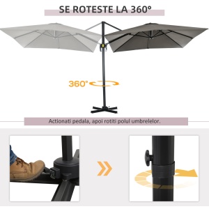 Umbrelă de Grădină cu Manivelă, Rotire la 360° și Copertină Reglabilă pe 5 Niveluri, 2.5x2.5 m, Gri Deschis - Img 4