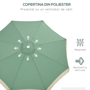 Umbrelă de Grădină Înclinabilă cu Franjuri, Manivelă şi Tijă în 2 Secţiuni, Ø2.65x2.45 m, Verde - Img 6