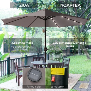 Umbrelă de Grădină Inclinabilă Ø265 cm cu 32 Lumini LED Solare și Manivelă, Umbrelă de Exterior cu 8 Spițe, din Oțel și Poliester, pentru Patio, Curte, Balcon, Terasă, Gri - Img 4