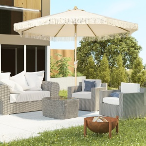 Umbrelă de Grădină Înclinabilă pe 3 Niveluri cu Franjuri, Manivelă și Tijă cu 2 Secțiuni, Ø265x244 cm, Crem - Img 2