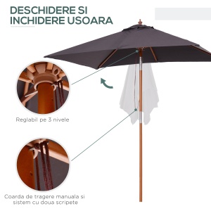 Umbrela de Gradina Rabatabila 2x1.5m, 6 Stinghii si Stalp din Lemn de Brad Deschidere cu Coarda, Gri Inchis - Img 6