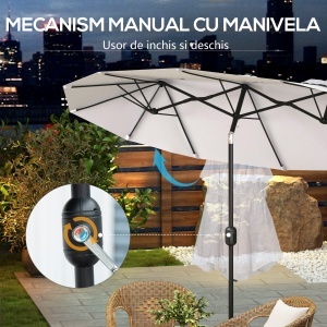 Umbrela de soare de gradina basculabila dubla cu deschidere cu manivela, copertina cu orificii cu ventilatie si 12 nervuri, 295x152x222cm, alb - Img 6