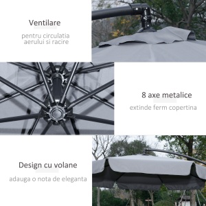 Umbrela de Soare pentru Gradina cu Brat Parasolar din Metal, Baldachin din Poliester Reglabil si Deschidere cu Manivela, Φ265x265cm, Gri - Img 6