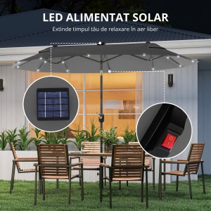 Umbrela de terasa cu doua fete cu lumini solare si baza in cruce, Umbrela de masa pentru exterior cu buton de inclinare, manivela, 2 orificii de ventilatie, pentru gradina, punte, Gri - Img 4