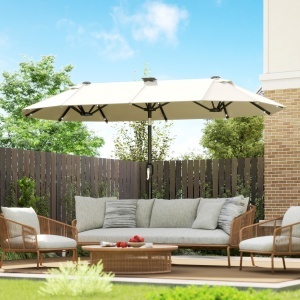 Umbrelă dublă, umbrelă terasă, înclinabilă, cu panou solar, 35 LED-uri, cadru din oțel, bej, 2,92 x 1,50 x 2,18 m - Img 8