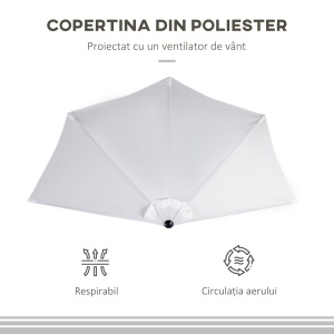 Umbrelă Semicirculară de Perete cu Deschidere cu Manivelă și 5 Spițe, 2.6x1.35x2.3 m, Alb - Img 7