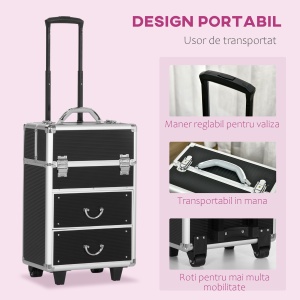 Valiza de make-up profesional din aluminiu si otel armat, cu incuietoare cu 2 chei si roti, negru 36x23x58cm - Img 5