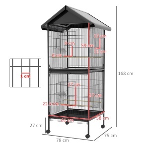 Volieră pentru Păsări cu Roți, Tăvi Detașabile din Plastic și Stinghii, Colivie pentru Canari din Metal, 168 cm, Negru - Img 3