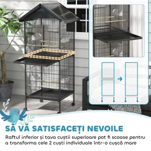 Volieră pentru Păsări cu Roți, Tăvi Detașabile din Plastic și Stinghii, Colivie pentru Canari din Metal, 168 cm, Negru - Img 7