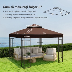 Acoperiș de Schimb pentru Foișor 3x3 m cu 2 Niveluri pentru Grădină, Copertină Rezistentă la Apă din Țesătură Oxford 370g/㎡ Anti-UV 30+ cu Orificii de Drenaj, Cafeniu - Img 3