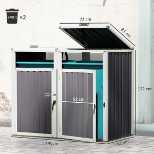 Acoperitor pentru Tomberoane de Exterior cu 2 Compartimente, Capac Rabatabil 180°, din Oțel Galvanizat, pentru Grădină sau Patio, 146x81x122 cm, Gri Închis - Img 3