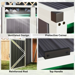 Acoperitor pentru Tomberoane de Exterior cu 2 Compartimente, Capac Rabatabil 180°, din Oțel Galvanizat, pentru Grădină sau Patio, 146x81x122 cm, Gri Închis - Img 7