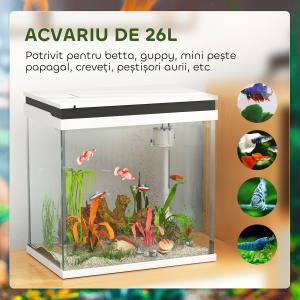 Acvariu de Sticlă pentru Pești cu Iluminare LED, Filtru și Pompă de Apă, 38x26x38 cm, Alb - Img 5