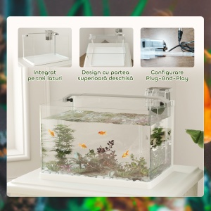 Acvariu pentru Pești Roșii din Sticlă cu Lumini LED cu Filtru și Pompă de Apă, 38x26x27 cm, Alb - Img 7