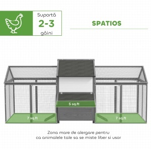 Adăpost din Lemn pentru Găini Ouașe de Exterior cu 2 Zone Laterale, Cuibar, Acoperiș Impermeabil, Tavă Glisantă, Loc de Odihnă, Uși și Rampă, pentru 2-4 Găini, 247x118x113.5cm, Gri - Img 4