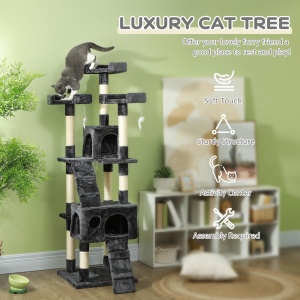 Albero Tiragraffi per Gatti con Due Cucce in Peluche e Sisal, Grigio, 50x50x170cm - Img 4