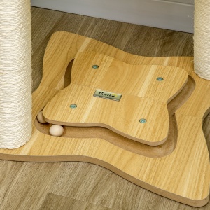 Ansamblu pentru pisici de interior Turn de joaca pentru pisici cu stalpi de zgariat din sisal Jucarie cu minge de hamac, bej, 53,5x53,5x90 cm - Img 7