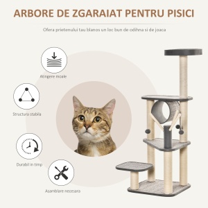 Arbore de zgariat pentru Pisici Adulte si Pisoi de 130 cm Tunel si Stalpi din sisal - Gri - Img 4