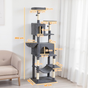 Arborele pentru Pisici mare, 202 cm, cu 6 Stâlpi de Zgâriat, 2 Hamace, 2 Stinghii, 2 Pompoane, Gri inchis - Img 3
