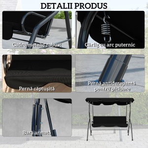 Balansoar de Grădină 3 Locuri cu Acoperiș Reglabil și Perne Moi din Poliester, Capacitate 240 kg, 170x110x153 cm, Negru - Img 5