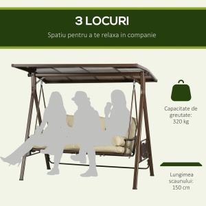 Balansoar de Gradina 3 Locuri din Otel si Poliester cu Baldachin Rabatabil din PC si Perne pentru Spatar si Brate, 208x120x174 cm, Maro si Kaki - Img 4