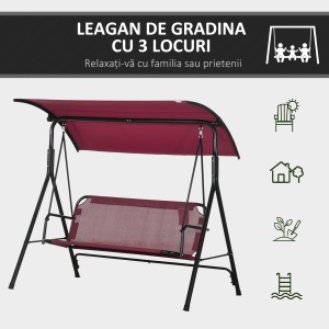 Balansoar de Grădină cu 3 Locuri, Copertină Parasolar Reglabilă și Șezut Respirabil, 172x110x153 cm, Roșu Vin - Img 6