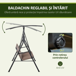 Balansoar de Gradina/Terasa 3 Locuri cu Baldachin Reglabil din Metal si Textilen, 172x110x155 cm, Maro - Img 4