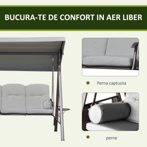 Balansoar Exterior 3 Locuri cu Cadru din Oțel, Acoperiș și Perne Incluse, Gri Deschis - Img 6