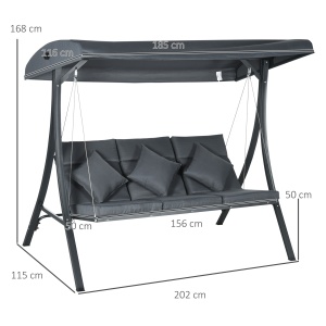 Balansoar pentru Exterior de Grădină cu 3 Locuri și Acoperiș Reglabil, Perne Decorative, 202x115x168 cm, Gri - Img 3