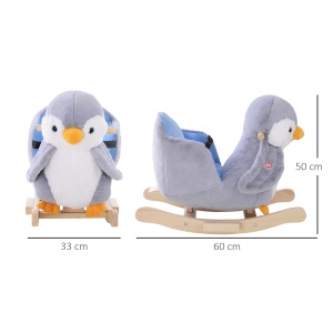 Balansoar Pinguin din Pluș cu Melodii și Centură de Siguranță, Balansoar pentru Copii, 60x33x50 cm, Gri - Img 4