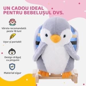 Balansoar Pinguin din Pluș cu Melodii și Centură de Siguranță, Balansoar pentru Copii, 60x33x50 cm, Gri - Img 8