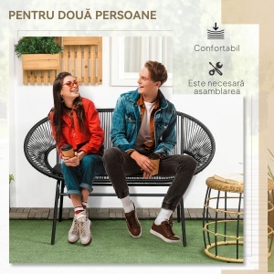 Bancă Acapulco cu Brațe, Perne și Cadru din Oțel, Greutate Maximă 260 kg pentru Balcon, Terasă, Grădină 132x72x83 cm Negru - Img 4