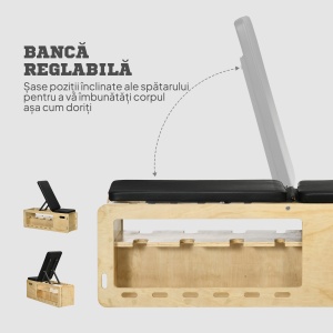 Bancă de Antrenament din Lemn cu Suport pentru Gantere și Benzi de Rezistență, Bancă Fitness Reglabilă pentru Acasă - Img 5
