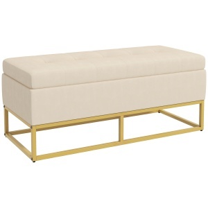 Bancă de Depozitare Rectangulară cu Șezut Căptușit și Picioare din Oțel, 110x44x49 cm, Bej