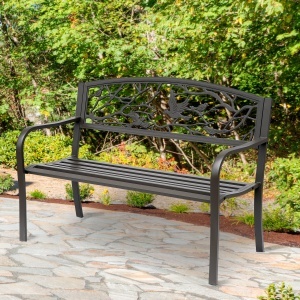 Banca de Exterior din Otel si Fonta cu Spatar cu Decoratiuni 127x60cm Maro - Img 2