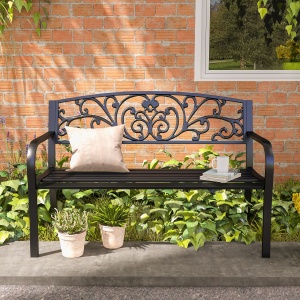 Banca de gradina din metal cu spătar decorat, 127x60x87cm – negru - Img 9