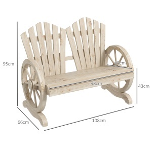 Bancă de Grădină pentru 2 Persoane cu Mânere în Formă de Roată, Bancă de Exterior din Lemn de Brad, pentru Terasă și Curte, 108x66x95 cm, Finisaj Lemn Natural - Img 3