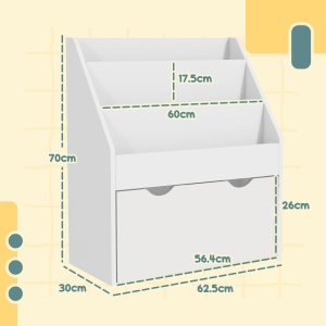 Bibliotecă pentru Copii 3-8 Ani cu 3 Rafturi și Sertar, Raft de Depozitare Jucării, 62,5x30x70 cm, Alb - Img 3
