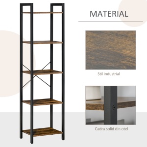 Bibliotecă stil industrial cu 5 rafturi din lemn și oțel, 40x30x154cm - Maro rustic - Img 6