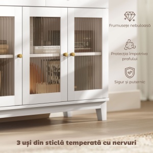Bufet Bucătărie cu 2 Dulapuri și 2 Sertare, Uși din Sticlă Securizată Canelată, Bufet Sufragerie cu Rafturi Ajustabile, pentru Living sau Sufragerie, 100x35x80.3 cm, Alb și Stejar - Img 7