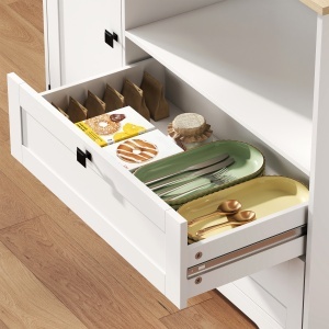 Bufet de Bucătărie Înalt 162 cm, Mobilier de Depozitare cu 2 Dulapuri, 2 Sertare, Suport Condimente, Orificii pentru Cabluri, Rafturi Reglabile, Blat pentru Cuptor cu Microunde, Suporturi pentru Cești, Alb - Img 9