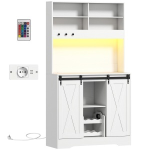 Bufet de Bucătărie Rustic 180cm, Dulap cu Priză de Încărcare, Lumini LED, Suport pentru Sticle, Blat pentru Cuptor, Rafturi Deschise, Uși Glisante, Orificiu pentru Cabluri, Alb