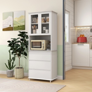 Bufet Mobilier Bucatarie cu Usi de Sticla si 3 Sertare 68x38x172 cm – Alb - Img 2