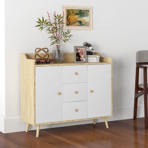 Bufet Modern din PAL si Lemn de di Pin cu 3 Sertare si 2 Dulapioare cu 2 Niveluri, 90x32x80 cm, Alb si Lemn Natur - Img 2