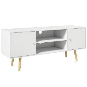 Cabinet TV 55" cu 2 Dulapuri, Uși și 2 Rafturi Deschise, Consolă TV din Lemn și PAL, 120x34x50 cm, Alb - Img 1