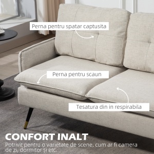 Canapea 2 Locuri din Țesătură cu Efect de In cu Perne Căptușite Alb Crem - Img 4