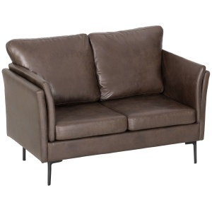 Canapea cu 2 Locuri din Piele Respirabilă cu Îmbrăcăminte Groasă și Picioare din Metal, 137x72x88 cm, Maro Închis