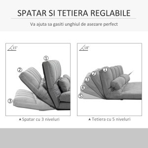 Canapea de Podea, Pliabila 130 cm, Perfect pentru Familie, Gri - Img 5